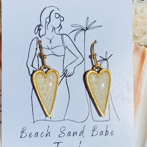 Heart earrings with Beach sand and crushed shells, gold earrings, Anna Maria island, resin artist