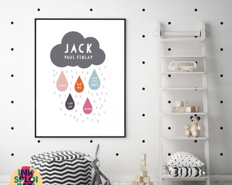 Personalised Birth Statistics Cloud Print, New Baby Print, Baby Name print, Birth Details Print, Birth Stats Print, Rainclouds Print