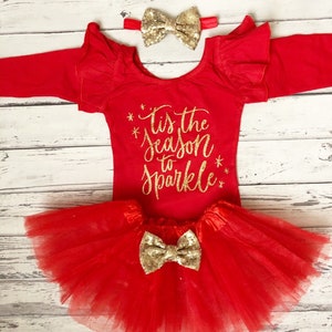 Baby Girl Tis The Season To Sparkle Leotard Baby and Toddler Girl Christmas Outfit Christmas Bodysuit 1st Christmas Outfit Red Tutu Prop
