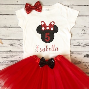 Personalized Girls 5th Birthday Outfit Red and Black Minnie Mouse Outfit Fifth Birthday Minnie Mouse Shirt 5th Birthday Disney Shirt Tutu image 1