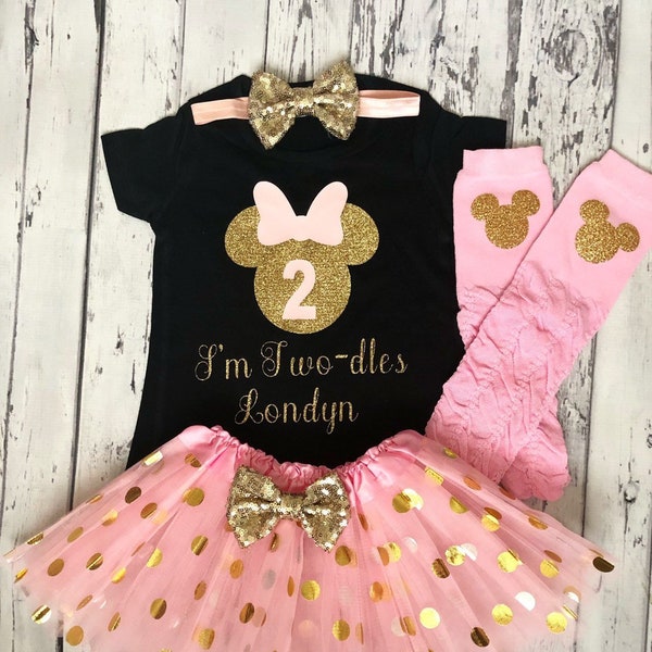 Pink Gold and Black Personalized Minnie Mouse 2nd Birthday Outfit Toodles Birthday Shirt Im Twodles Minnie Mouse Theme 2nd Birthday Outfit