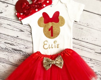 Red and Gold Personalized Minnie Mouse 1st Birthday Outfit Minnie Mouse 1st birthday shirt Red and gold minnie Red tutu First Birthday Party