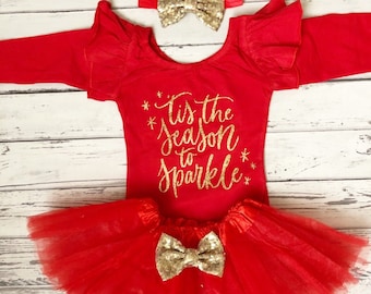 Baby Girl Tis The Season To Sparkle Leotard Baby and Toddler Girl Christmas Outfit Christmas Bodysuit 1st Christmas Outfit Red Tutu Prop