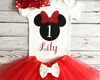 Body personalizado rojo y negro de primer cumpleaños de Minnie Mouse, Camiseta de primer cumpleaños de Minnie Mouse, Cumpleaños de Minnie rojo y negro, Tutú rojo