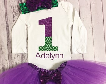 Costume da sirena personalizzato per il primo compleanno Body da sirena viola e verde per il primo compleanno Vestito da bambina a tema sirena Festa sotto il mare