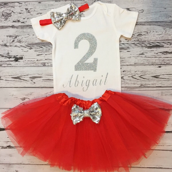 Red and Silver 2nd Birthday Shirt & Tutu, Silver 2nd Birthday bodysuit, Red and Silver 2nd Birthday, 2nd Birthday Girls Outfit, Red Tutu