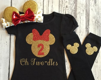 Red Gold and Black Personalized Minnie Mouse 2nd Birthday Shirt, Toodles Birthday Shirt, Oh Twodles, Minnie Mouse 2nd Birthday Outfit, Prop