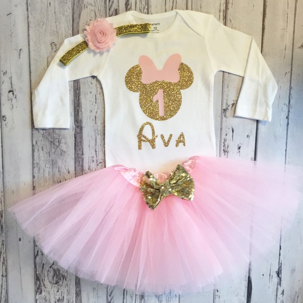 Pink and Gold Personalized Minnie Mouse 1st Birthday Outfit Cake Smash Minnie Mouse 1st Birthday Shirt Pink and Gold Minnie Birthday Party