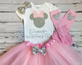 My First Disney Trip Outfit Pink and Silver Personalized Minnie Mouse Outfit 1st Trip to Disney Outfit Minnie Mouse Legwarmers Tutu Headband