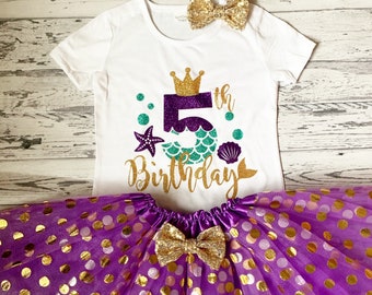 Girls 5th Birthday Little Mermaid Outfit Little Mermaid Shirt 5th Birthday Under The Sea Outfit Purple and Gold Tutu Mermaid Hair clip