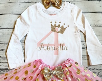 Pink 4th Birthday Princess Outfit 4th Birthday Personalized Shirt and Tutu Outfit, 4th Birthday Princess Legwarmers Light Pink and Gold Tutu