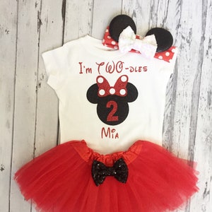 Personalized Red and Black Minnie Mouse 2nd Birthday Outfit Im Twodles Birthday Shirt 2nd Birthday Minnie Mouse Birthday Tutu Disney Trip