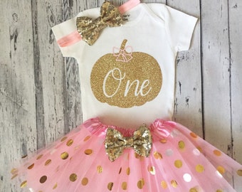 Pink and Gold Pumpkin First Birthday Outfit October 1st Birthday Outfit Pumpkin Theme 1st Birthday Bodysuit Cake Smash Outfit Halloween Gold