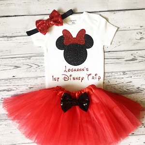 Baby Girl 1st Disney Trip Outfit Red and Black Personalized Minnie Mouse Outfit 1st Trip to Disney Outfit Minnie Mouse Tutu Headband Baby