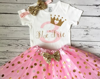 Pink and Gold Princess 3rd Birthday Personalized outfit, 3rd Birthday personalized Shirt, Princess Third Birthday Bodysuit Pink and gold