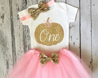 Pink and Gold Pumpkin First Birthday Outfit October 1st Birthday Outfit Pumpkin Theme 1st Birthday Bodysuit Cake Smash Outfit Halloween Gold