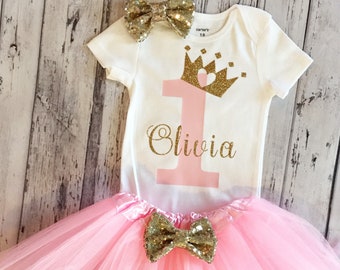 Pink Princess 1st Birthday Personalized outfit, 1st Birthday personalized Bodysuit, Princess 1st Birthday Outfit Pink and gold outfit Tutu