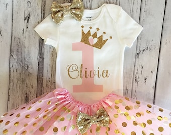 Pink Princess 1st Birthday Personalized outfit, 1st Birthday personalized Bodysuit, Princess 1st Birthday Bodysuit Pink and gold outfit