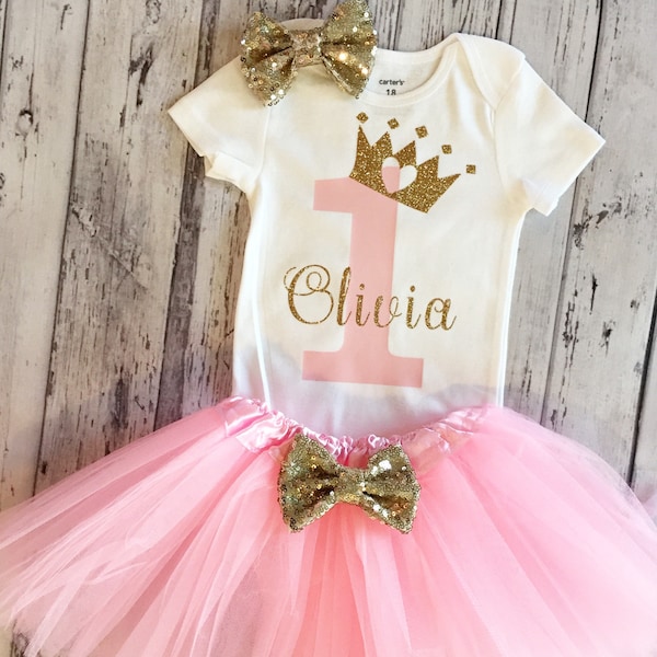 Pink Princess 1st Birthday Personalized outfit, 1st Birthday personalized Bodysuit, Princess 1st Birthday Outfit Pink and gold outfit Tutu