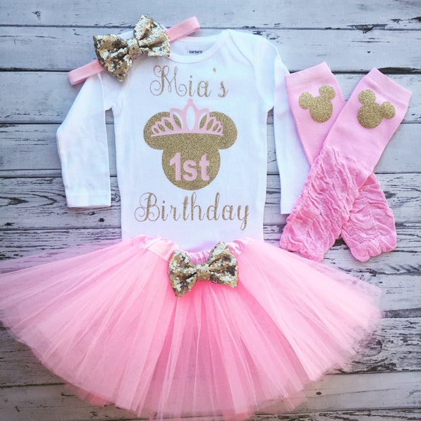 Pink and Gold 1st Birthday Outfit Minnie Mouse 1st Birthday Shirt Minnie Birthday Shirt, Minnie Mouse 1st Birthday Bodysuit & Tutu, toodles