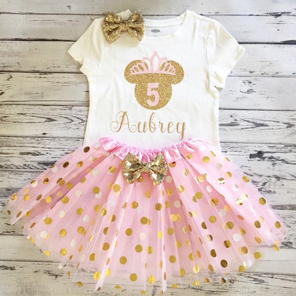 Chemise princesse rose et or du 5e anniversaire, chemise et tutu du 5e anniversaire de Minnie Mouse, chemise du cinquième anniversaire, fête de princesse Minnie Mouse