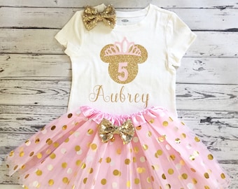 Pink and Gold 5th Birthday Princess Shirt, Minnie Mouse 5th Birthday Shirt & Tutu, Fifth Birthday Shirt, Minnie Mouse Princess Party