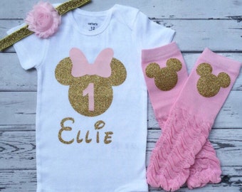 Pink and Gold Personalized Minnie Mouse 1st birthday Bodysuit, Minnie Mouse 1st birthday shirt, pink and gold minnie birthday, legwarmers