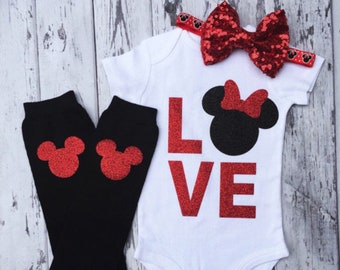 Love Minnie Bodysuit, Minnie Mouse Bodysuit and Legwarmers, Disney Trip Outfit, Minnie Mouse Legwarmers, Baby Bodysuit, Red Minnie Glitter