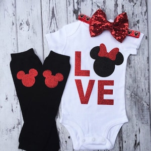 Love Minnie Bodysuit, Minnie Mouse Bodysuit and Legwarmers, Disney Trip Outfit, Minnie Mouse Legwarmers, Baby Bodysuit, Red Minnie Glitter