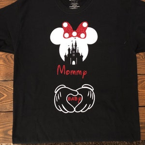 Disney Family Custom Personalized Maternity Shirt 2025 Minnie Ears with Castle on Short Sleeve Black Shirt with Baby Pregnancy Announcement