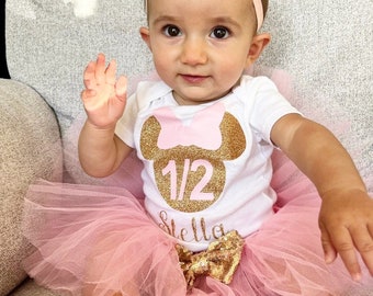 Girls Pink and Gold Half Birthday Personalized Outfit Minnie Mouse 6 Month Birthday Shirt Minnie Birthday Shirt, Minnie Mouse half Birthday