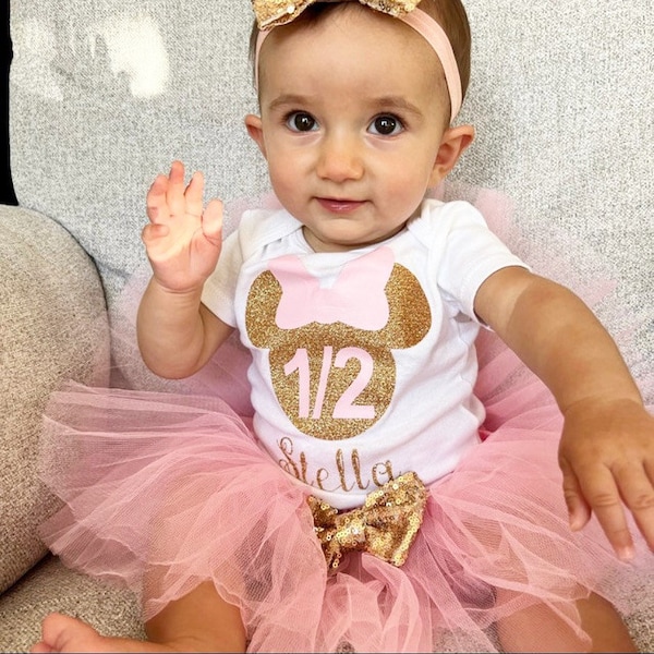 Pink and Gold Half Birthday Personalized Outfit Minnie Mouse 6 Month Birthday Shirt Minnie Birthday Shirt, Minnie Mouse half Birthday