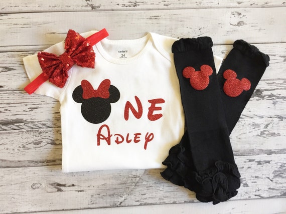 Red and Black Minnie Mouse 1st birthday bodysuit Minnie Mouse 1st birthday shirt one minnie bodysuit minnie mouse birthday legwarmers