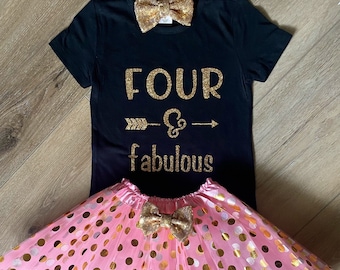 Four and Fabulous 4th Birthday Outfit Fourth Birthday Four and Fabulous Shirt Pink and Gold 4th Birthday Outfit Pink gold Dots Tutu
