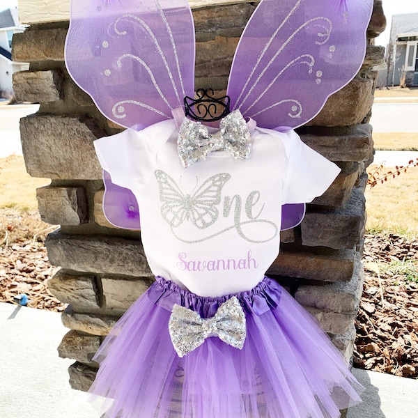 Personalized Butterfly 1st Birthday Outfit 1st Birthday Bodysuit Lavender 1st Birthday Bodysuit lavender and silver Butterfly Wings Birthday