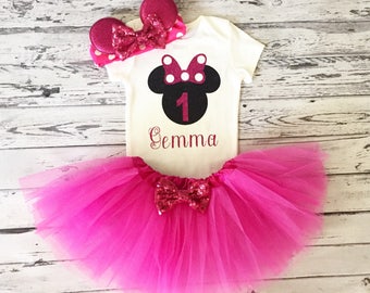 Pink and Black Personalized Minnie Mouse 1st Birthday Outfit Pink Tutu Minnie Mouse Birthday Shirt Cake Smash Minnie Mouse 1st Birthday Prop