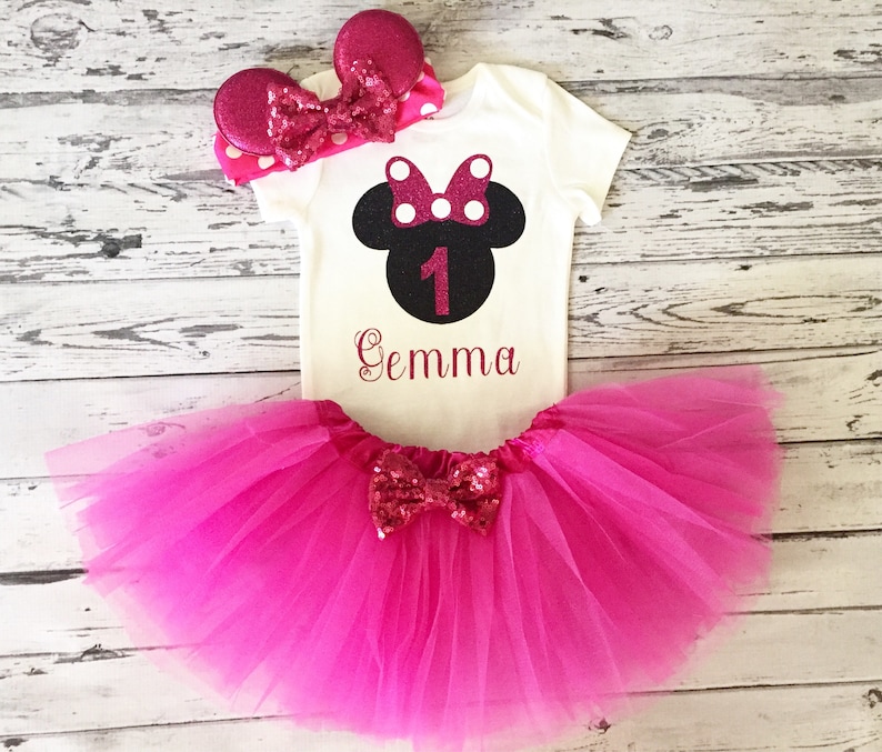 Pink and Black Personalized Minnie Mouse 1st Birthday Outfit Pink Tutu Minnie Mouse Birthday Shirt Cake Smash Minnie Mouse 1st Birthday Prop image 1