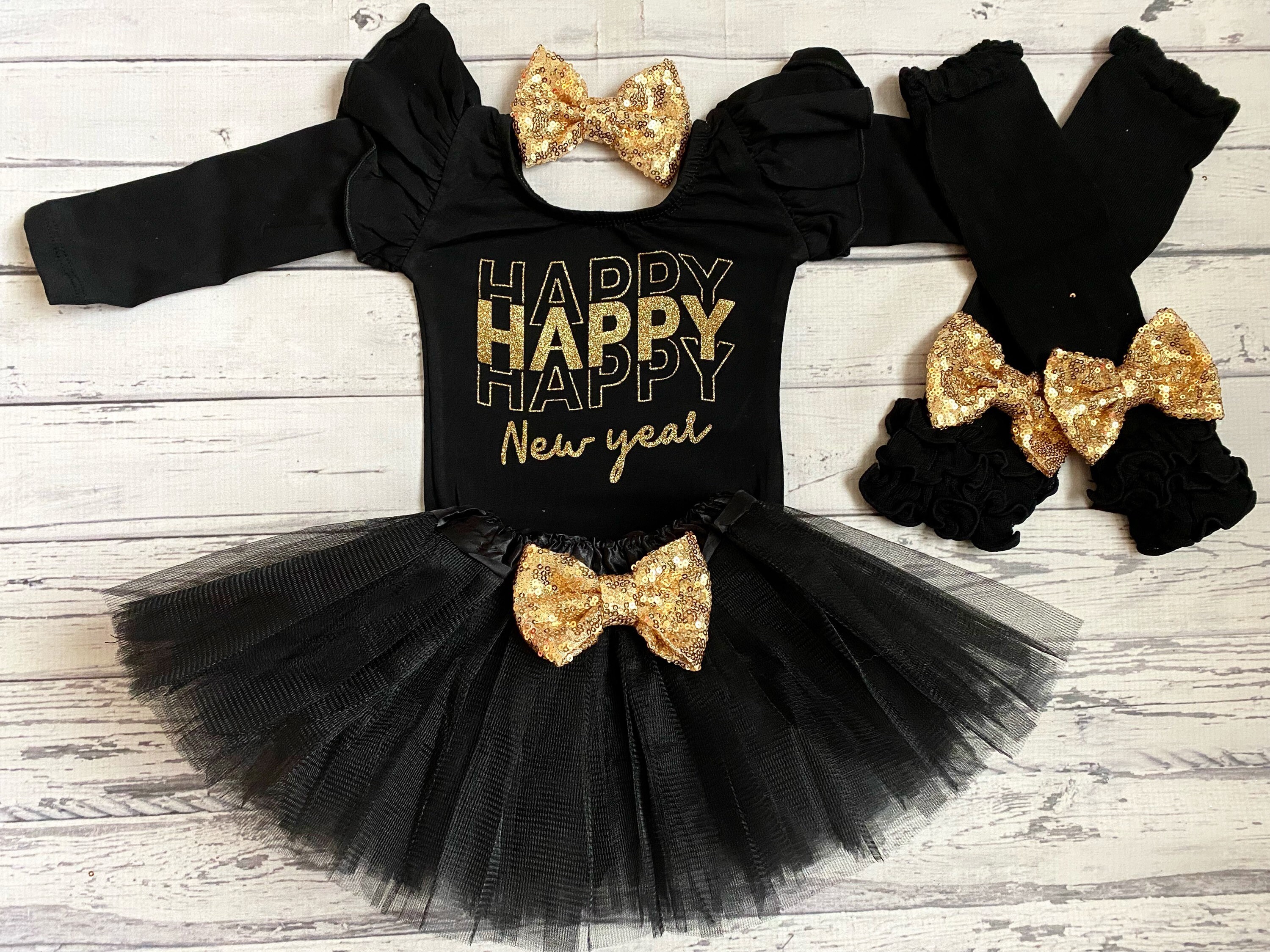 Baby Girl 1st New Year Black Leotard Outfit New Years Eve Girls Gold and Black Outfit Gold Tutu Black Tutu Girls New Years Outfit Bodysuit