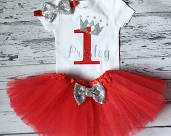 Red Princess 1st Birthday Personalized outfit, 1st Birthday personalized Bodysuit, Princess 1st Birthday Bodysuit red and silver outfit cake