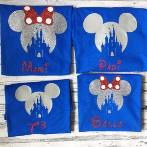 Camisas Família Disney Personalizadas 2025 Orelhas do Mickey ou Minnie com Castelo em Manga Curta Camisas Azuis Camisas Combinando Disney