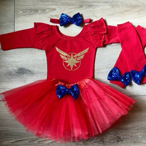 Captain Marvel Inspired Red Leotard baby girl leotard Flutter short long sleeve superhero hero spider woman avengers Halloween costume image 2