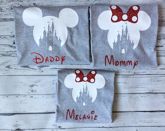 Family Disney Shirts Custom Personalized 2025 Mickey or Minnie Ears with Castle on Short Sleeve Gray Shirts Disney Matching Shirts Disney