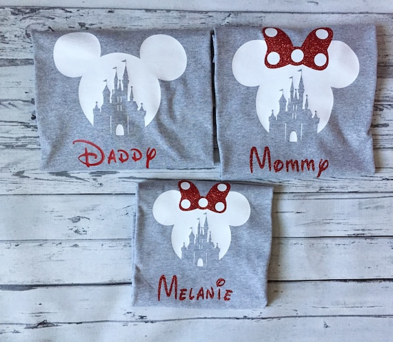 Family Disney Shirts Custom Personalized 2026 Mickey or Minnie Ears with Castle on Short Sleeve Gray Shirts Disney Matching Shirts Disney