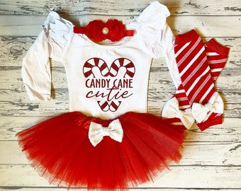 Baby Girl Candy Cane Cutie Flutter Leotard Baby and Toddler Girl Christmas Outfit Christmas Bodysuit 1st Christmas Outfit Red and White Tutu
