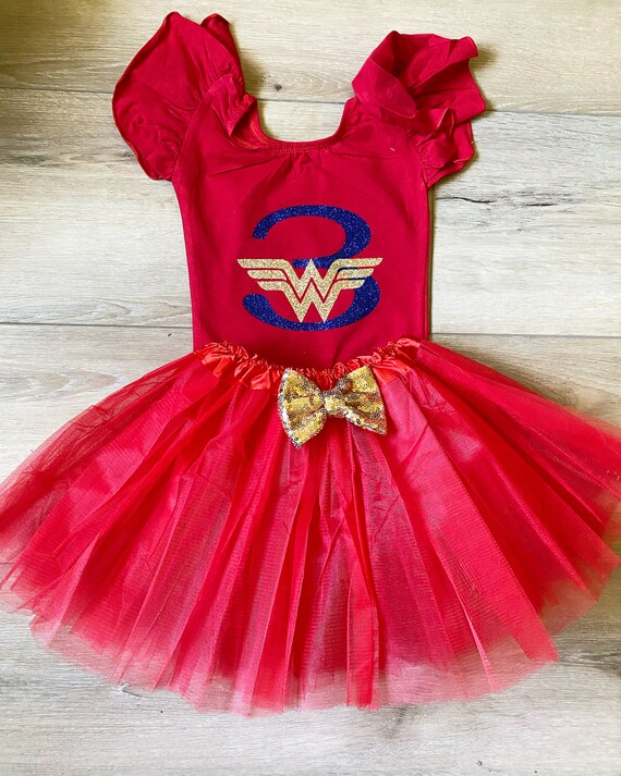 WONDERWOMAN inspired Leotard baby girl leotard Flutter long sleeve  superhero birthday hero gold glitter red tutu gymnastics leotard