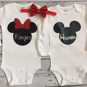 Black and Red Personalized Minnie Mouse and Mickey Mouse Disney Trip Shirts Twin Disney Outfits Brother and Sister Minnie and Mickey Outfit