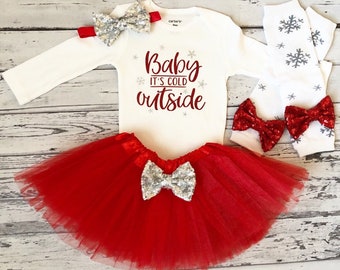 Baby Its Cold Outside Baby Girl Christmas Outfit Red Tutu Newborn Girl Christmas Shirt Christmas Bodysuit 1st Christmas Baby Its Cold Outfit