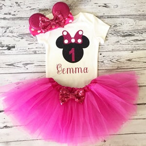 Pink and Black Personalized Minnie Mouse 1st Birthday Outfit Pink Tutu Minnie Mouse Birthday Shirt Cake Smash Minnie Mouse 1st Birthday Prop image 2