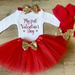 Baby Girl Valentines Day Outfit Girls Valentine  Outfit Baby 1st Valentine Outfit Red Gold Valentine Tutu 1st Valentines Outfit Valentine