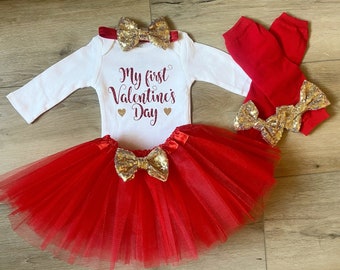 Baby Girl Valentines Day Outfit Girls Valentine  Outfit Baby 1st Valentine Outfit Red Gold Valentine Tutu 1st Valentines Outfit Valentine